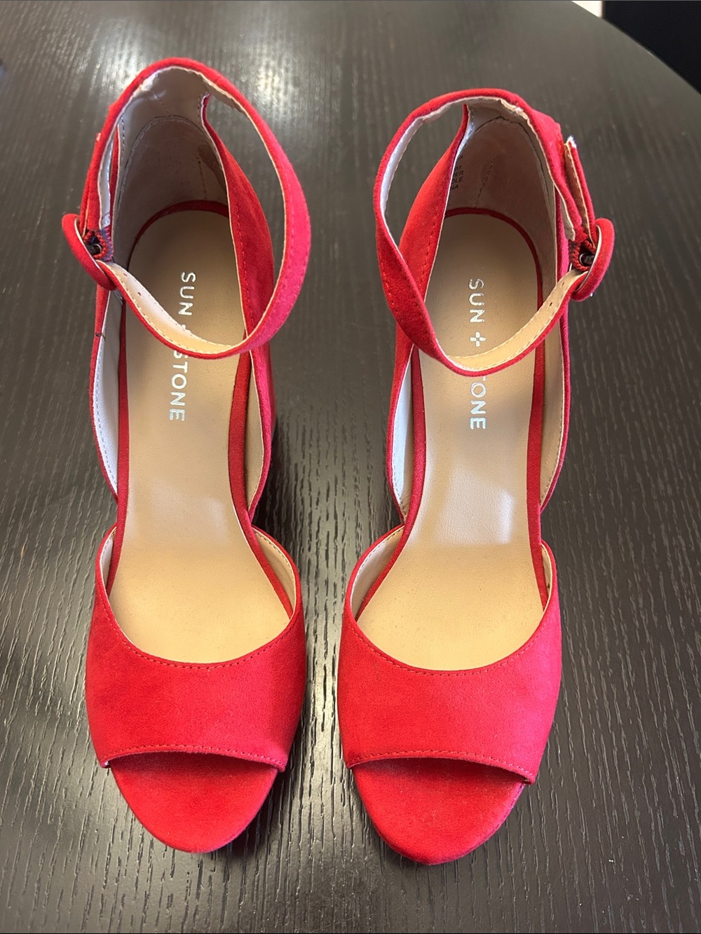 Sun + Stone Red Suede Open-Toe Ankle-Strap Heels